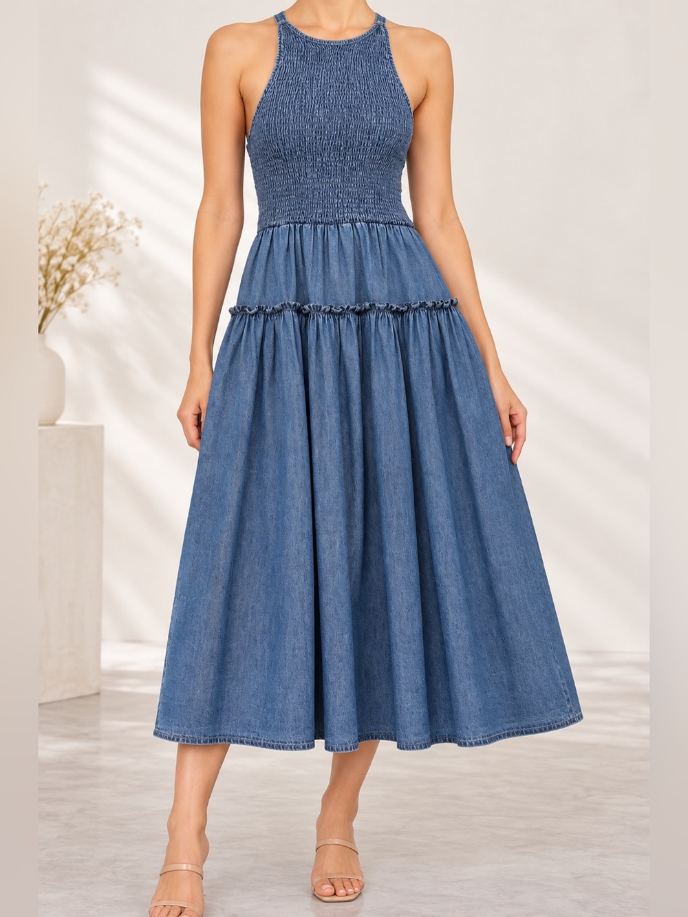 Avec Les Filles Blue Smocked Halter Denim Midi Dress